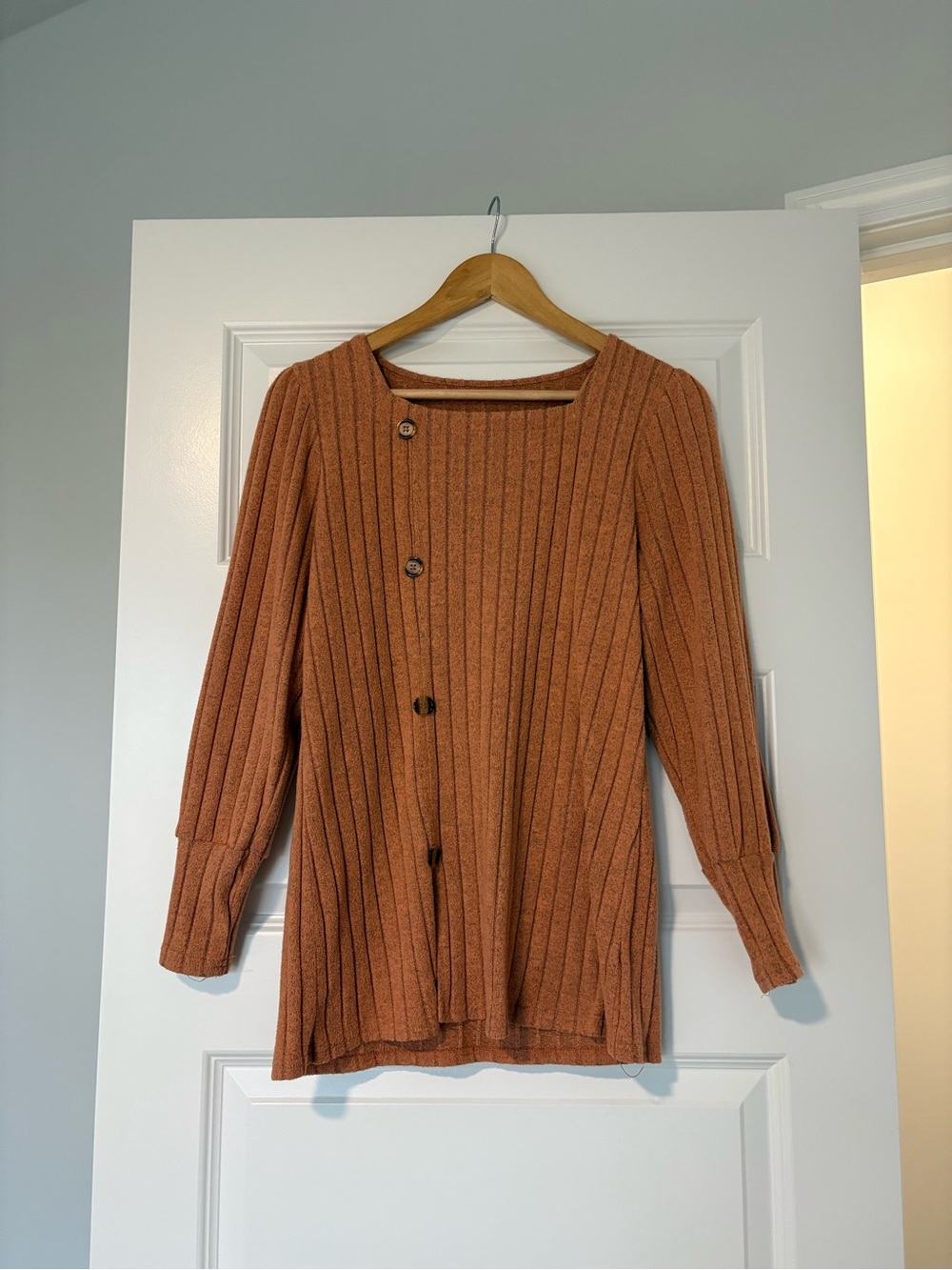 Ribbed Button-Front Women's Sweater in Rust Size Large